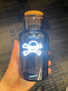 Blue Glass Apothecary Bottle with Skull & Crossbones Accent